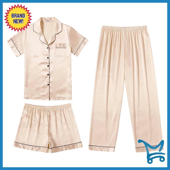 Silk Satin Pajama Set 3-Piece Short Sleeve Button Down Sleepwear